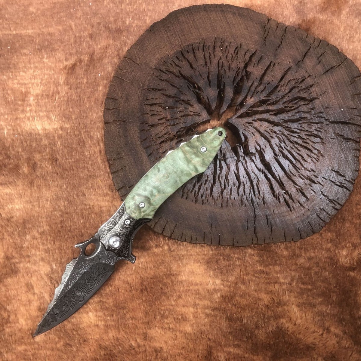 大马士革钢折刀多功能小刀户外工具防滑野营折叠刀酸洗工艺