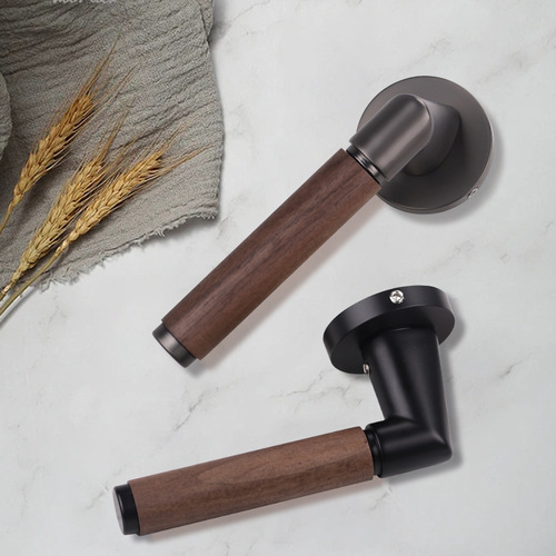 LeLang Aluminum Solid Walnut Wood Handle Door Lock, Bathroom Door Room Door Silent Magnetic Absorption Lock Body Handle Lock