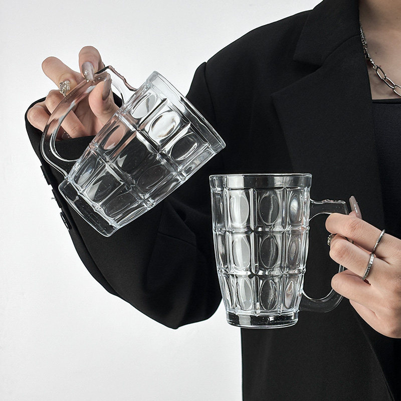 Taza de cerveza de aluminio, mango de vidrio resistente al calor, tamaño de taza de cerveza, capacidad redonda, transparente, taza de cerveza comercial, taza de agua