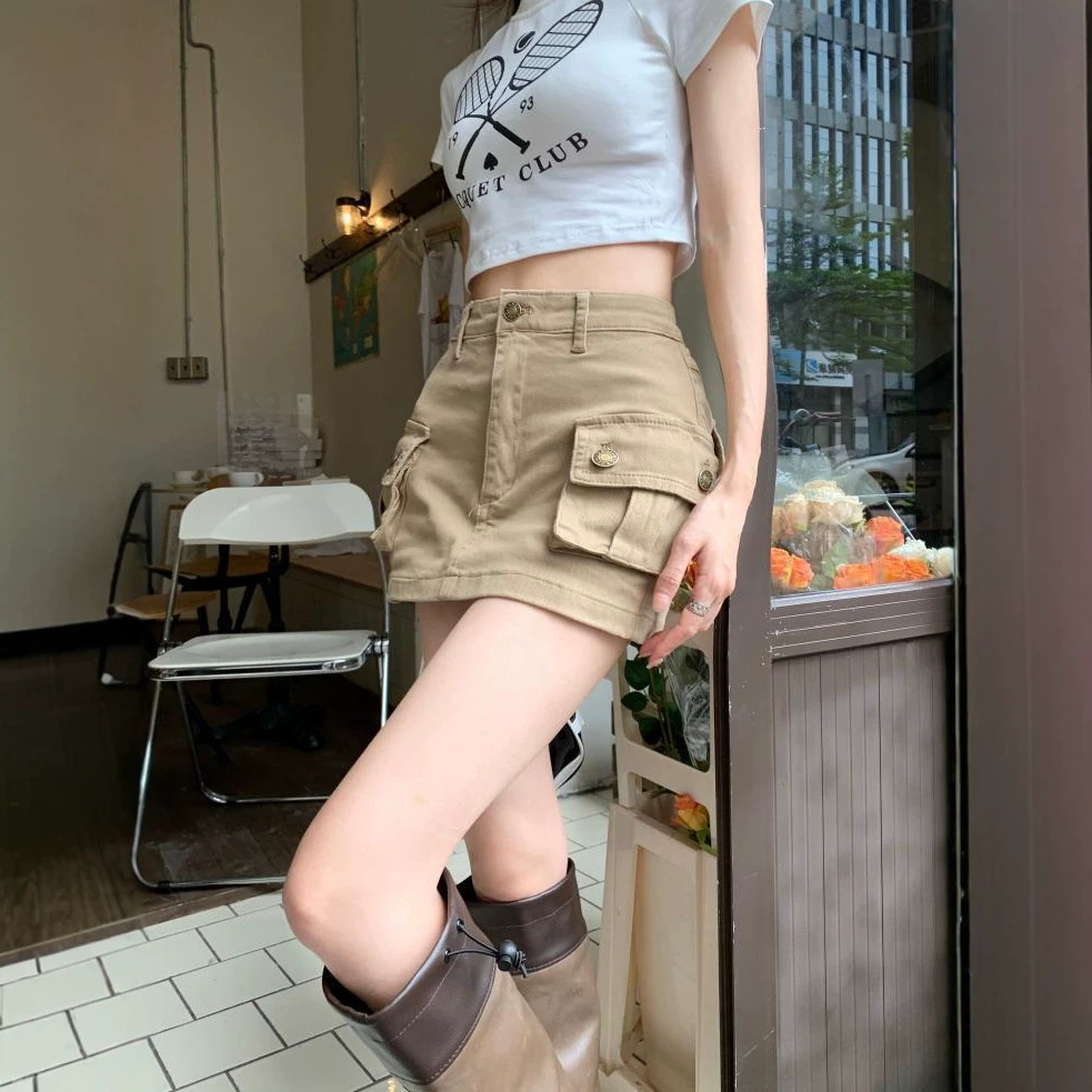 Khaki workwear skirt for women, summer, sexy, anti-exposure, denim, slimming, retro, high-waisted A-line mini skirt