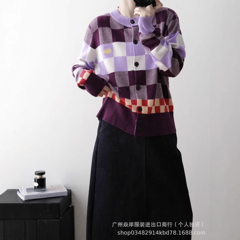 vivienne土星刺绣lisa同款撞色棋盘方块针织开衫时尚百搭圆领毛衣|undefined
