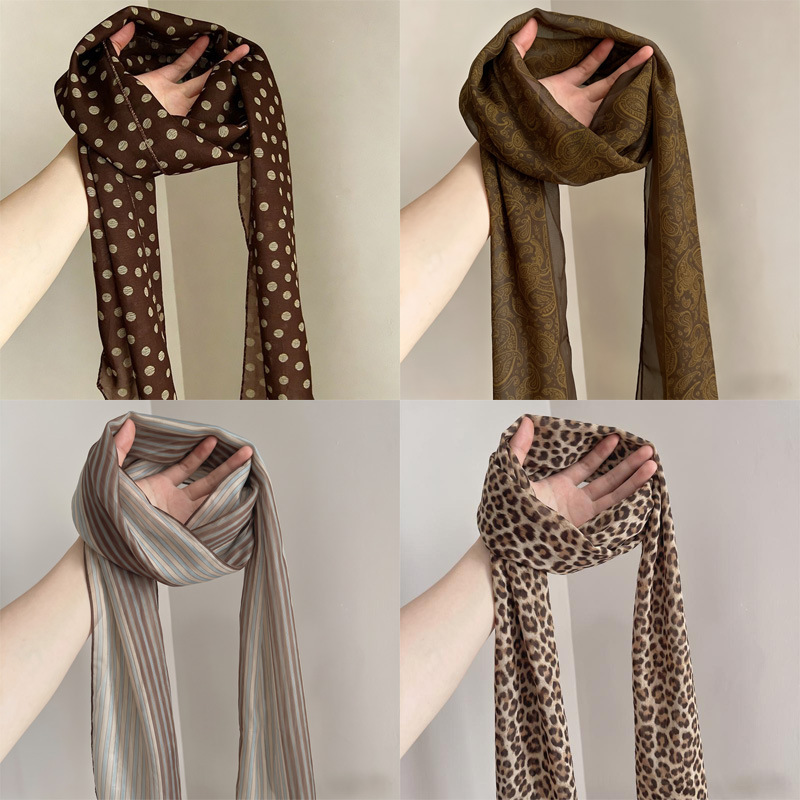 Brown polka dot silk scarf for women, thin neck scarf with a high-end feel, long ribbon silk scarf, French vintage accessory Brown polka dot silk scarf for women, thin neck scarf with a high-end feel, long ribbon silk scarf, French vintage accessory