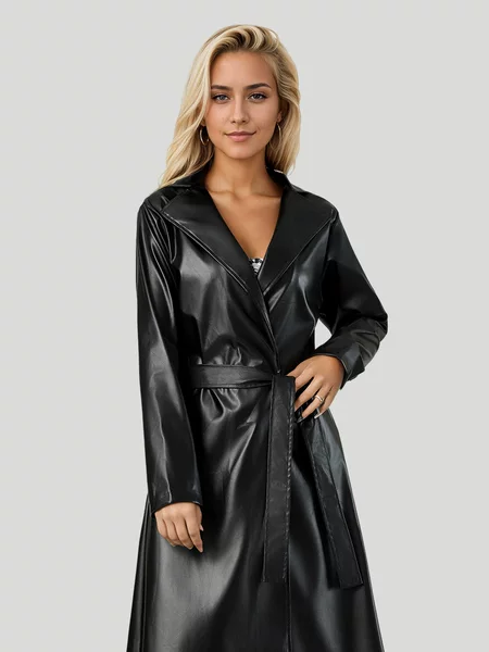 Popular Long Bathrobe Trench Coat for Spring and Autumn, Wrinkle-Resistant Fashionable Women's Leather Jacket, Cross-Border Leather Coat, New Custom-Made Women's Jacket
