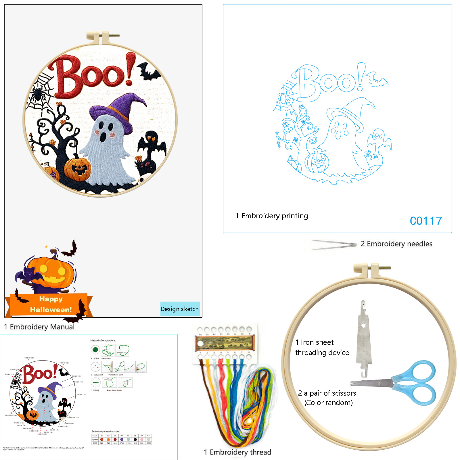 Nuevos productos transfronterizos bordados Halloween fantasma sombrero gato negro conjunto bordado hecho a mano material DIY bordado al por mayor