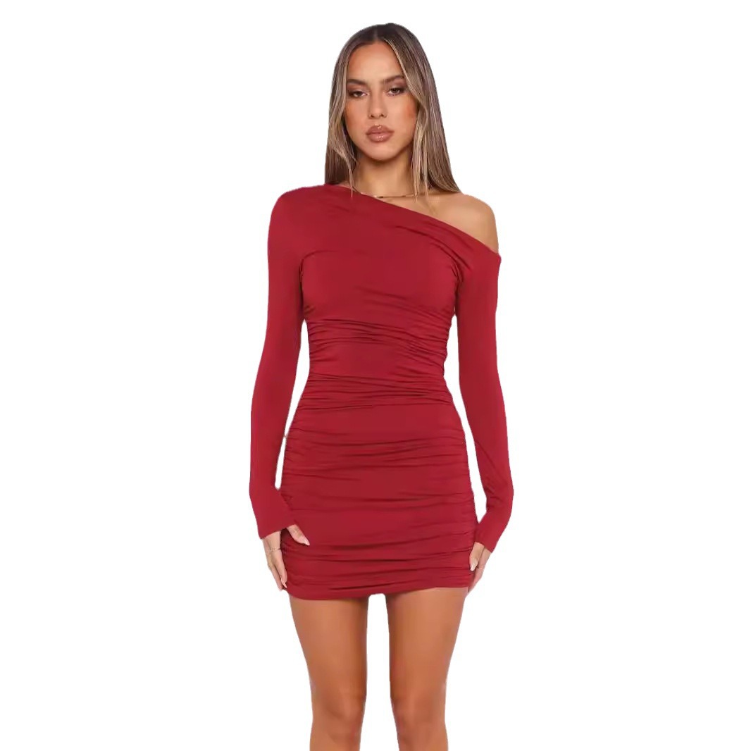 AYJ24L005- European And American Women's Clothing 2024 Autumn/Winter New High-End Pleated One-Shoulder Slim Fit_ecoleips.com