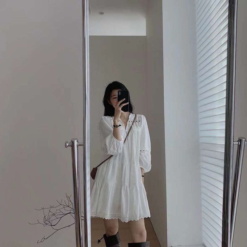 Aiyixuan Cut Out Lace Splicing White Shirt Dress Women's Resort Style Beach Skirt Super Fairy Princess Skirt
