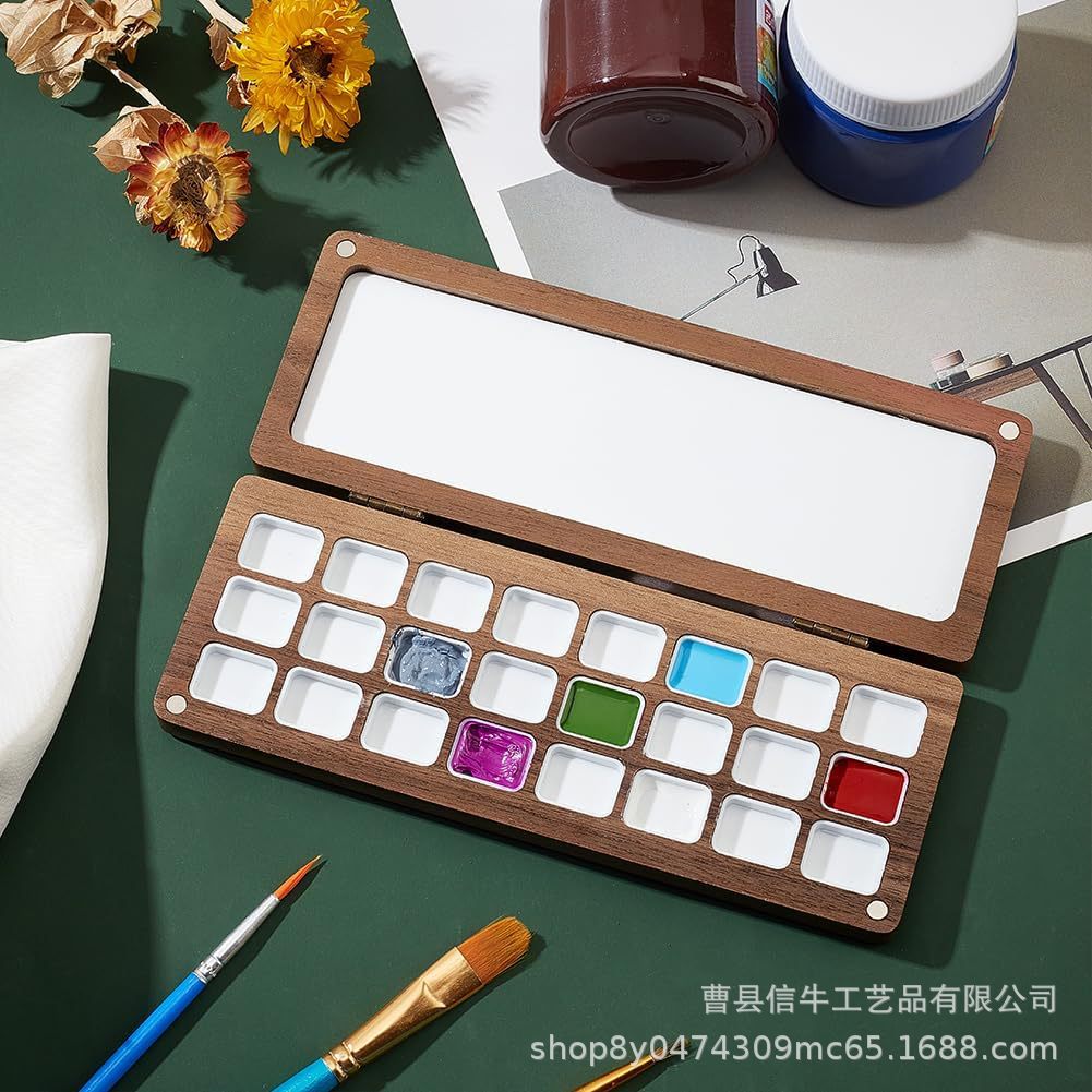 木质颜料盒格子槽型绘画调色盒分格装 水彩颜料盒子吸磁盖木质盒