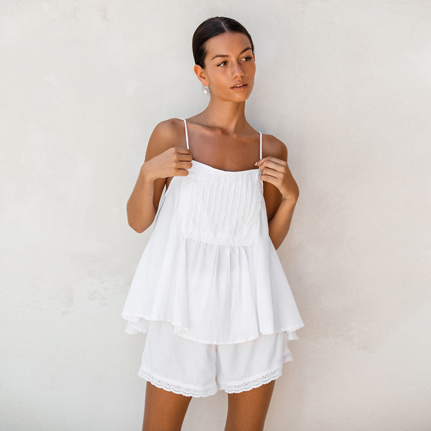 2023 Summer European and American Ins Sexy Pure Cotton Lace Suspender Pajamas Set Women's Simple Outer Wear Home Clothes Cross-Border