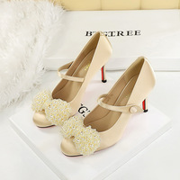 2615-H160 European and American Fashion Banquet Pearl Charm Round Head One line Buckle Strap High Heels Exquisite Single Shoes for Women