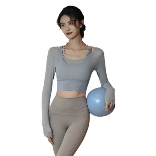 Yoga clothes for women, spring and autumn sports tops with chest pads, tight-fitting, slimming, long-sleeved, stylish running training fitness clothes