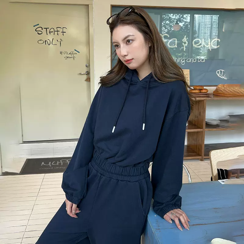 韩国chic小众百搭长袖短款束腰连帽卫衣女松紧高腰长裤运动套装潮