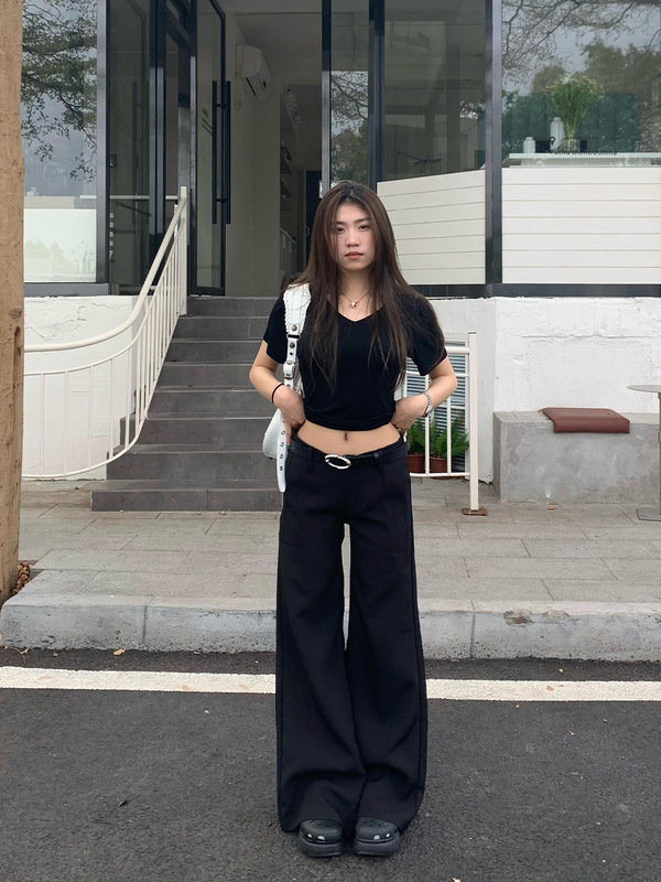 橘子树在哪儿黑色低腰休闲喇叭西装裤女春季高级感垂感宽松拖地裤|undefined