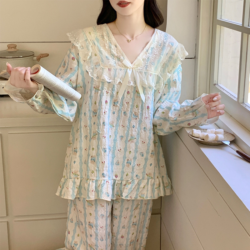 云朵棉睡衣女春秋季新款带胸垫花边长袖长裤公主风卡通家居服套装|undefined