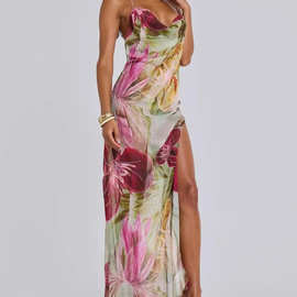 欧美风2025春季新品巴西风格性感时尚串珠绣花饰雪纺吊带连衣裙