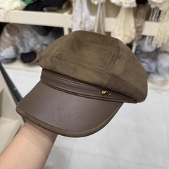 韩国爱心标八角帽女2025复古百搭画家帽秋冬麂皮绒拼接皮檐鸭舌帽