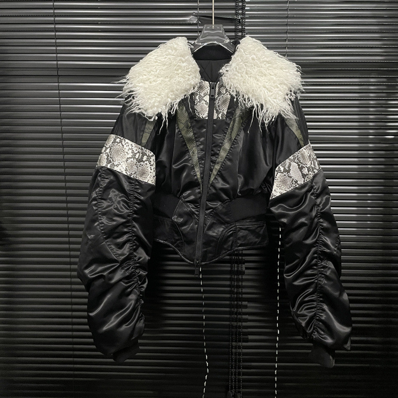 Linghua Ji Winter Lace Patchwork Leather Waist-Cinching Cotton Jacket for Women, Niche Design, Warm and Fashionable Cotton Coat Linghua Ji Winter Lace Patchwork Leather Waist-Cinching Cotton Jacket for Women, Niche Design, Warm and Fashionable Cotton Coat