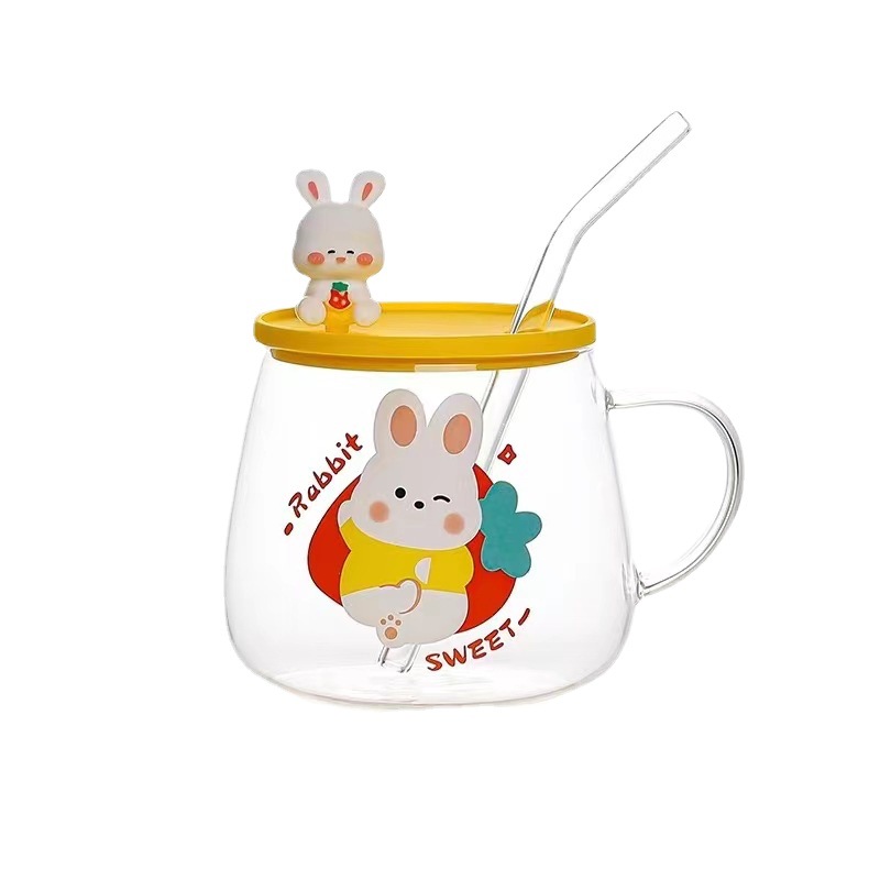 Creativo lindo conejo de dibujos animados de vidrio taza de agua regalo personalizado taza de paja de alto aspecto simple muñeca taza