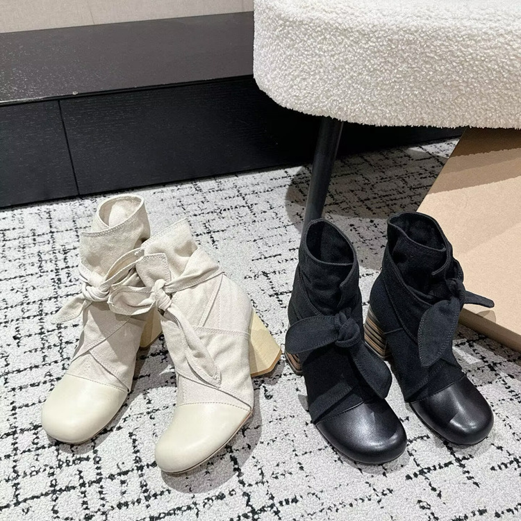 高端品质25秋冬圆头蝴蝶结绑带时装短靴粗跟及踝裸靴高跟马丁|undefined