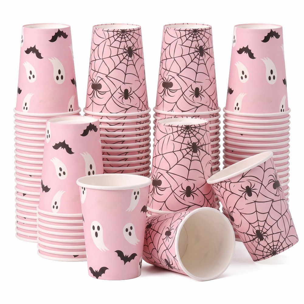 Pink Halloween Disposable Paper Cups Ghost Bat Spider Web Spider Paper Cups Girls' Halloween Party Drink Cups