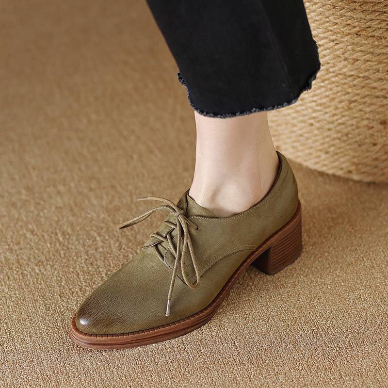 First-Layer Sheepskin 2023 Spring and Autumn Lace-Up Women's Shoes Mid-Heel Retro Style High Heels Brown Khaki Color