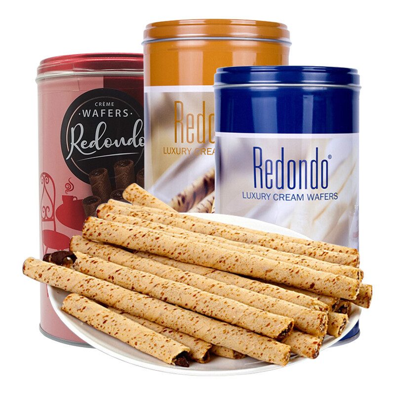 Indonesian imported Redondo brand waffle roll heart-shaped crisp cookies, vanilla chocolate flavor 150g/creamy crispy