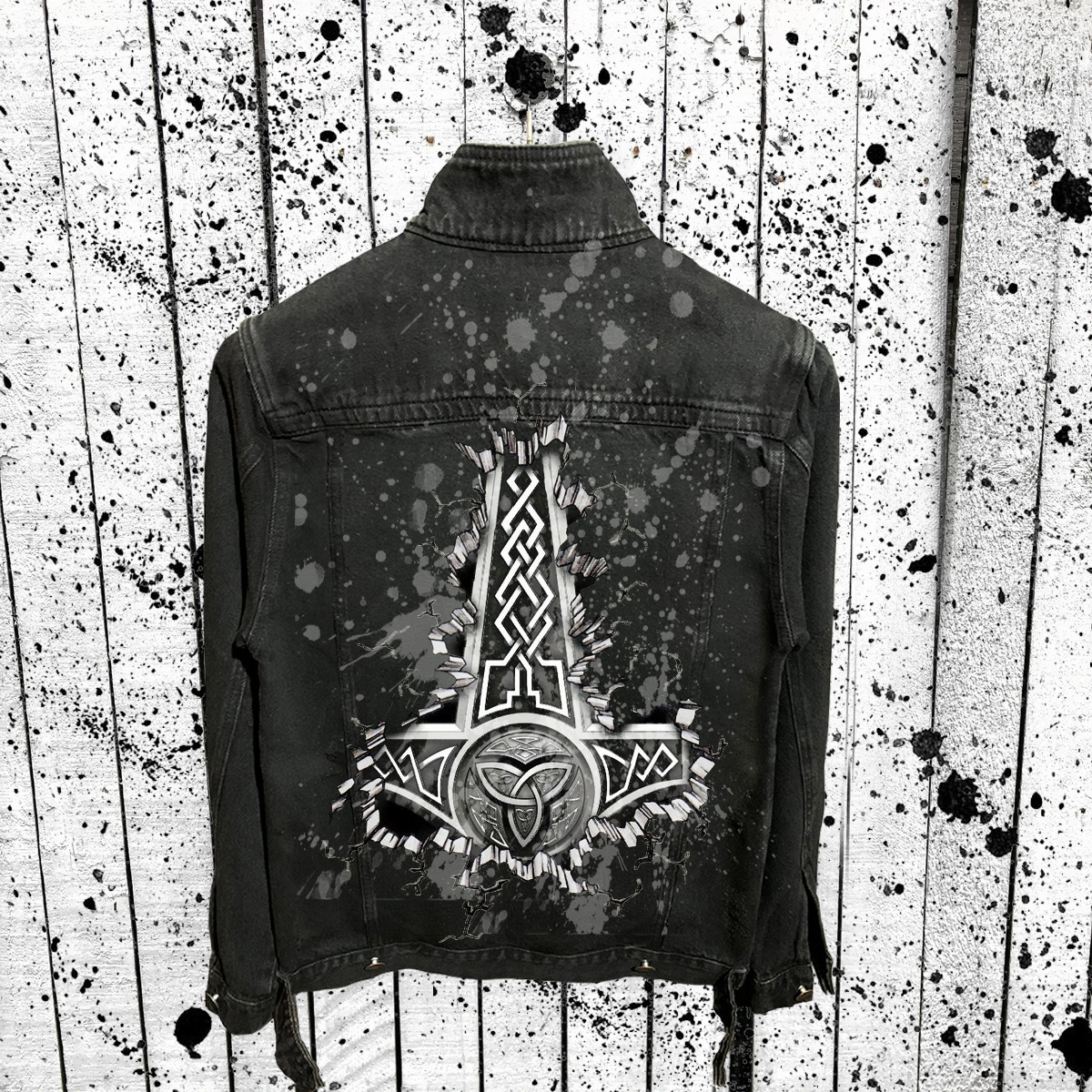 Denim-Mantel mit Wikinger-Krieger-Print und Umlegekragen, einreihig, legere Herrenbekleidung_voghion.com