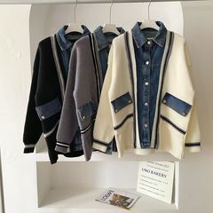 春秋冬设计感牛仔拼接假两件开衫毛衣休闲宽松百搭针织上衣外套