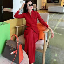 秋季新款女装高端品牌休闲时尚胖mm显瘦毛衣外套阔腿裤套装两件套