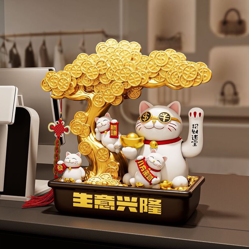 Business Prosperity Fortune Tree Lucky Cat Ornament Automatic Waving Opening Gift Shop Front Desk Cashier Decoration