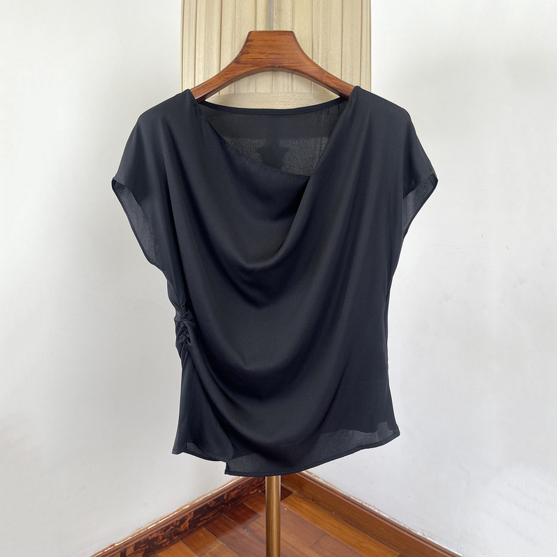 Stylish Silk Asymmetrical Neck T-Shirt Top for Women in Summer! 2026 New Style Waist-Cinching Slimming Mulberry Silk Flutter Sleeve Shirt