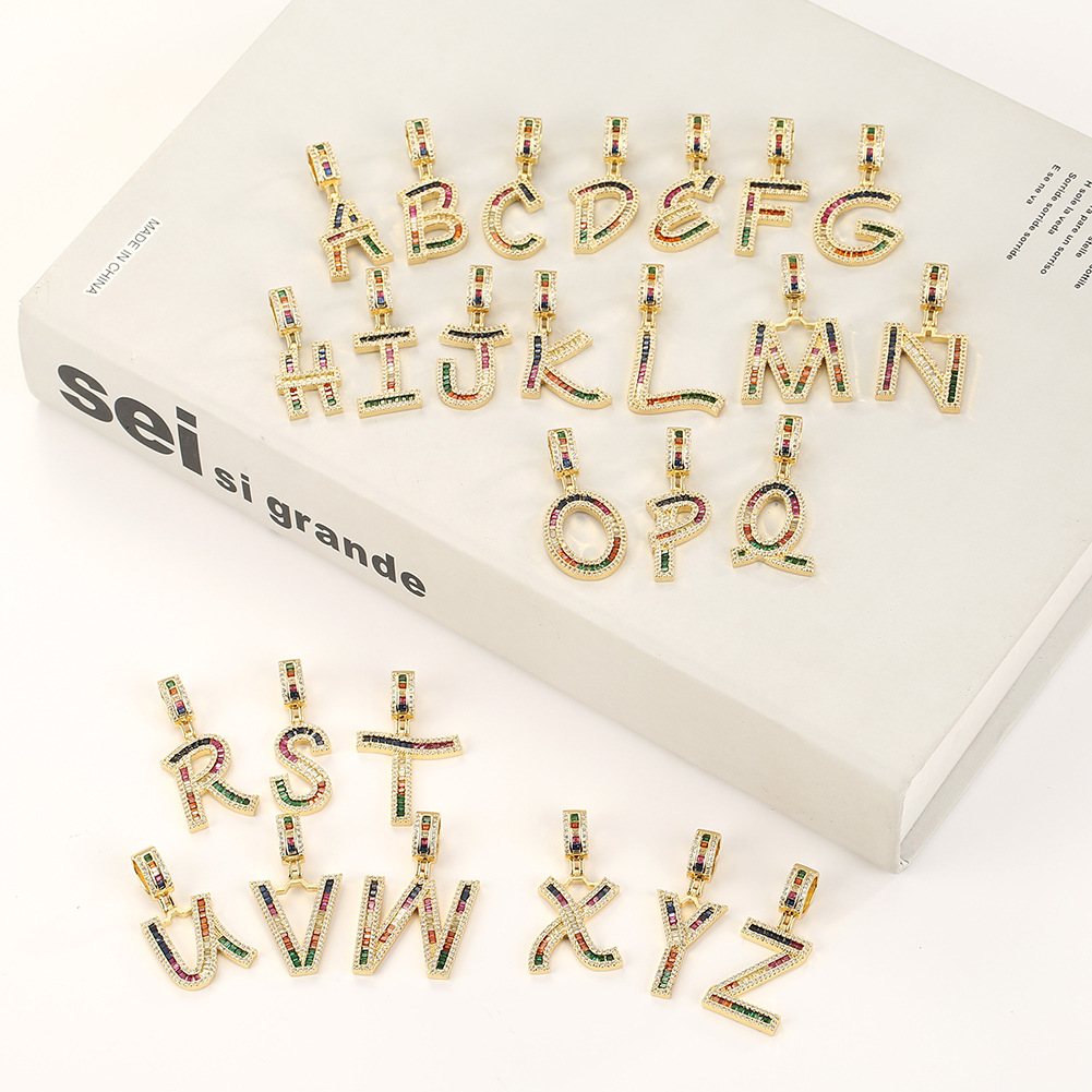 Hip Hop Color Zircon 26 English Letter Copper Necklace