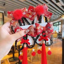 女童新年汉服发饰宝宝红色古风发夹女孩过年发卡儿童辫子流苏对夹