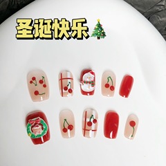 立體小雪人聖誕節穿戴甲甜美櫻桃貓眼紅色顯白美甲