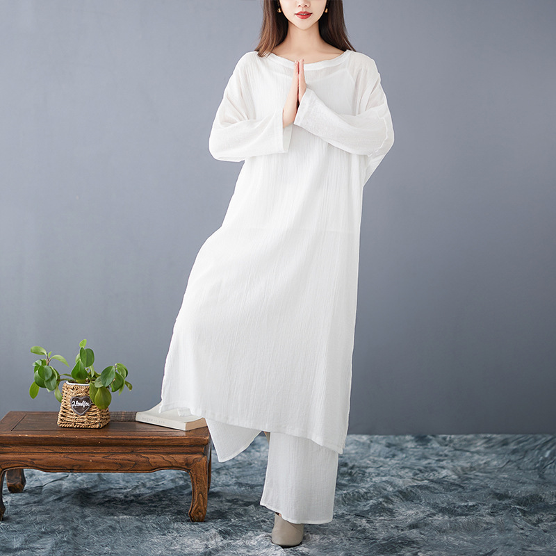 Real Shot 3-Piece Zen Style National Style Cotton and Linen dress Loose plus size Women's Zen Dance Clothes Women's Tea Clothes White Robe
