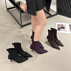 高跟靴尖头蝴蝶结短靴女欧美2025秋冬新款靴子春秋单靴瘦瘦女靴子