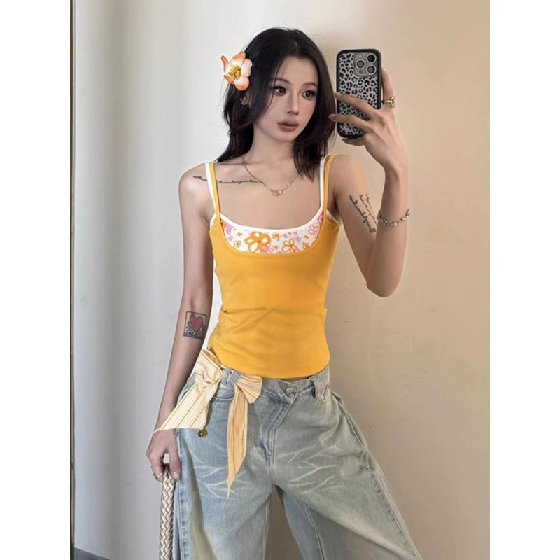 [210 г, 40 шт., тонкий хлопок 1*1] Желтый женский летний короткий топ из двух частей с принтом, утягивающий короткий топ