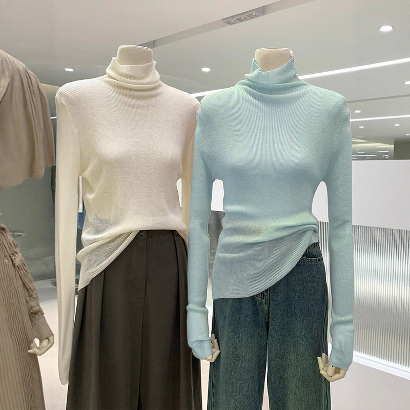 Autumn and Winter Wool Pile Turtleneck Knitwear Women's Pullover Knitwear Bottoming Shirt Fashionable Mint Green Slim Long-Sleeved Top