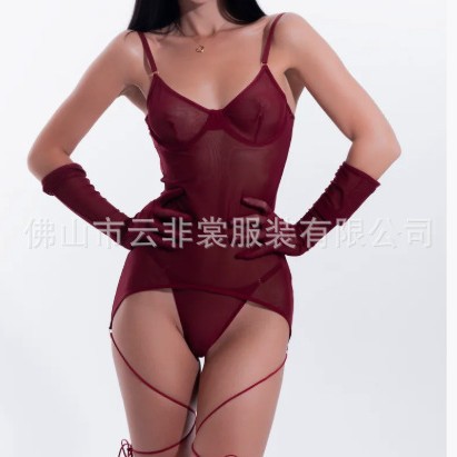 러시아 신제품 섹시한 유혹 메쉬 스트랩 드레스 아우터 브라 세트 손수건이 달린 시스루 잠옷