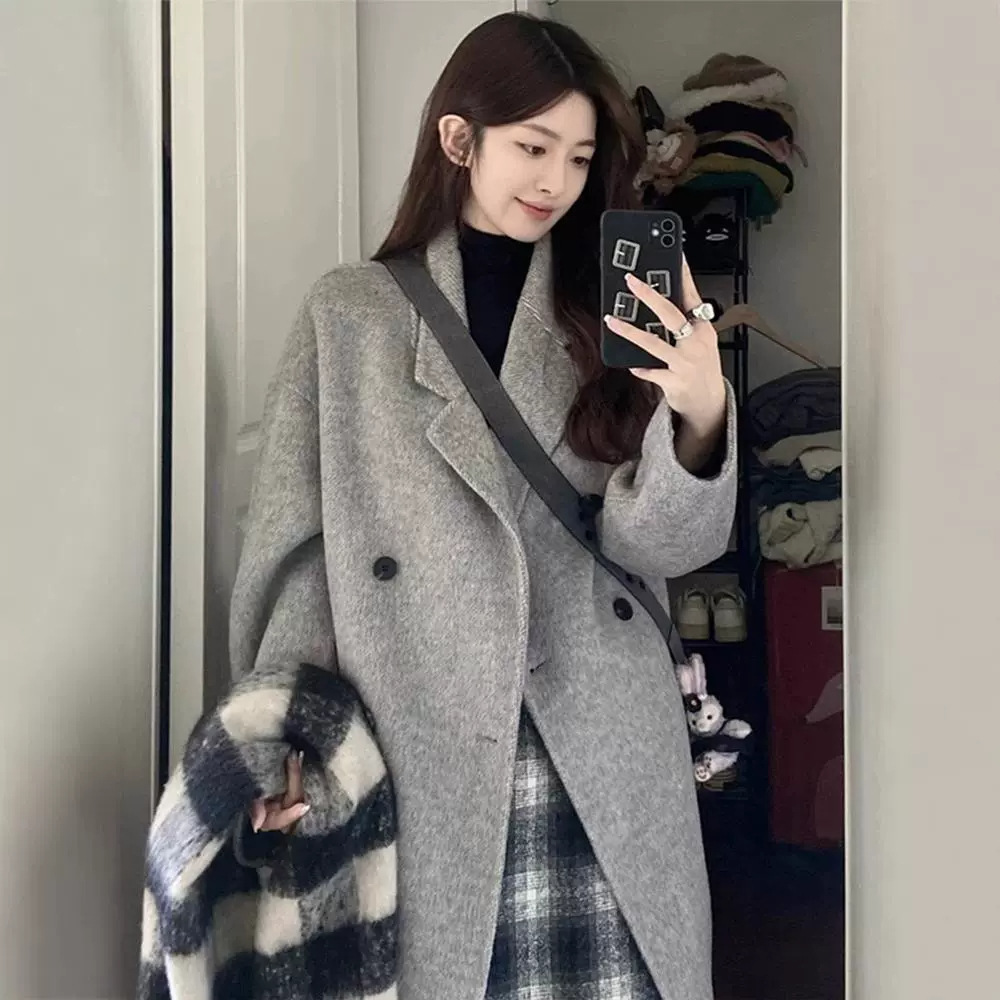 Veste en laine coréenne épaissie moyenne et longue, manteau de laine ample, vêtements d'automne et d'hiver gris, nouveau manteau en coton en épingle à cheveux