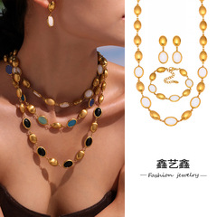 Xinyixinxin ins スタイルの新しいステンレス鋼チェコオパールファセットストーンネックレスブレスレットイヤリングジュエリーセット