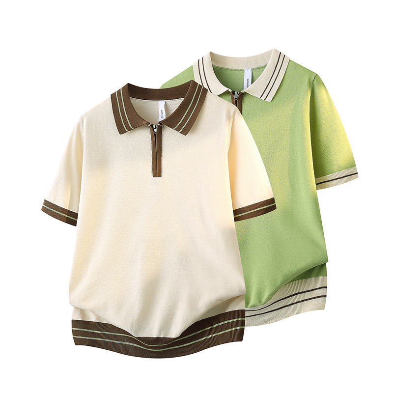 Polo camiseta collar camiseta de punto camiseta de manga corta camiseta de hombre medio cremallera color viejo dinero viento hielo seda fábrica de verano transfronteriza al por mayor
