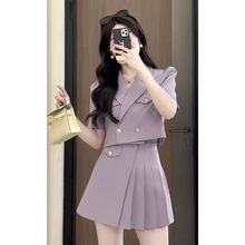 套装裙夏天年夏季新品两件套装女西装外套+收腰百褶短裙紫色套KJ
