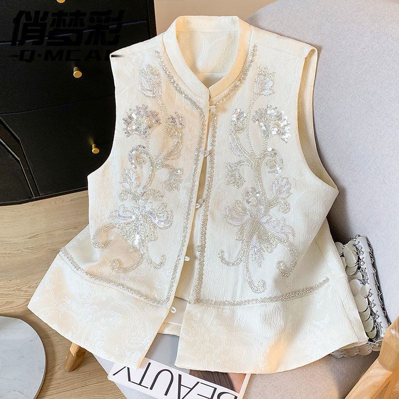 New Chinese-Style Embroidered Sequin Vest for Women, 2026 Summer New National Style Stand-Collar Sleeveless Top, Mom's Vest