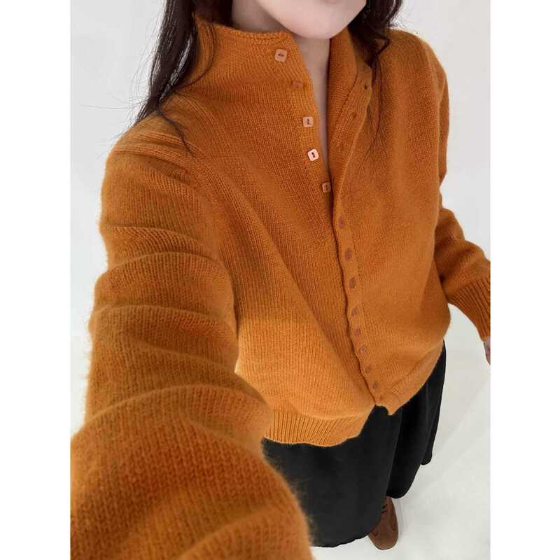 Lazy Style Niche Age-Reducing Retro Thickeneded Sweater Women's Autumn and Winter Half Turtleneck Knitted Cardigan Layered with Inner Top