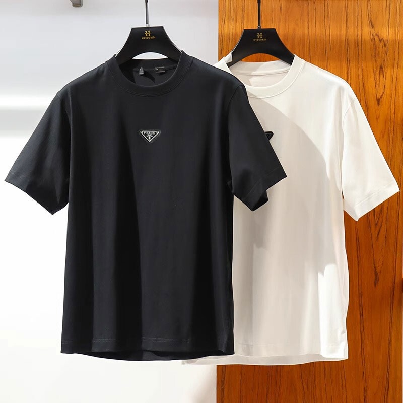 Summer New Trendy Brand Super Popular Triangle Logo Short-Sleeved T-Shirt for Men and Women, Fashionable Accessible Luxury Round Neck Half-Sleeved T-Shirt