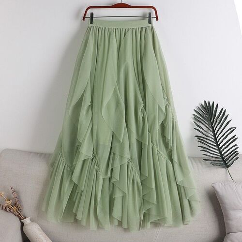 2024 Spring New Tulle Swing Dress for Plus Size Women, Medium Length, Asymmetrical Hemming and Splicing Tiered Skirt