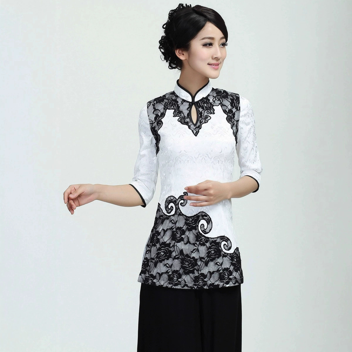 Хлопок и лен 2371-1 Чонсам оптом льняной топ с короткими рукавами Женский Тонкий Топ чонсам