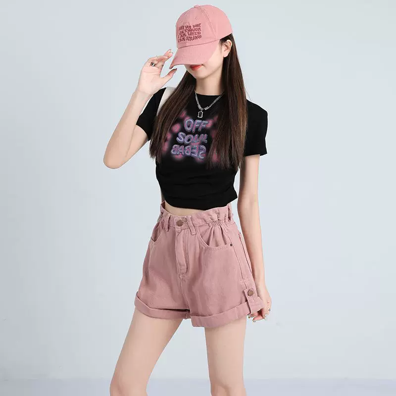 2025夏季新款高腰卷边松紧牛仔短裤女大码显瘦百搭休闲阔腿超短裤