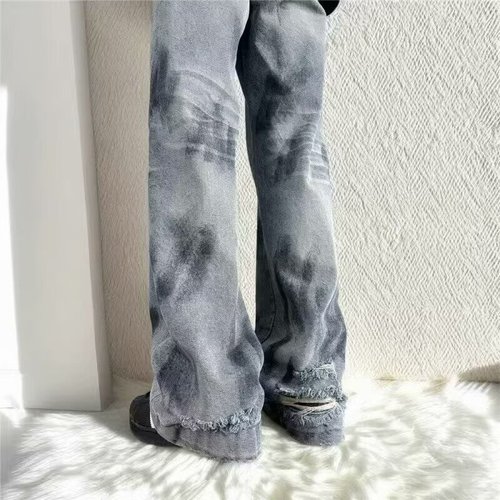 Cross-border retro dirty design, worn-out straight-leg jeans for men and women, high street slimming, ripped, frayed, wide-leg, drooping feeling.