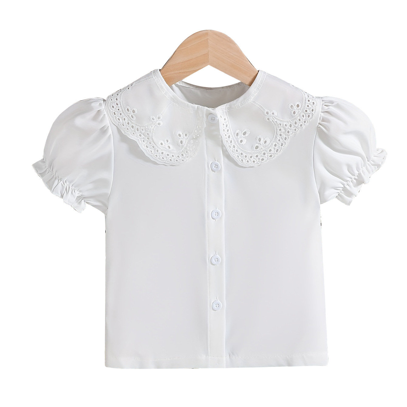 Camisas de niñas de verano suministro transfronterizo pura muñeca blanca cuello manga burbuja niños pequeños y medianos adorables camisetas